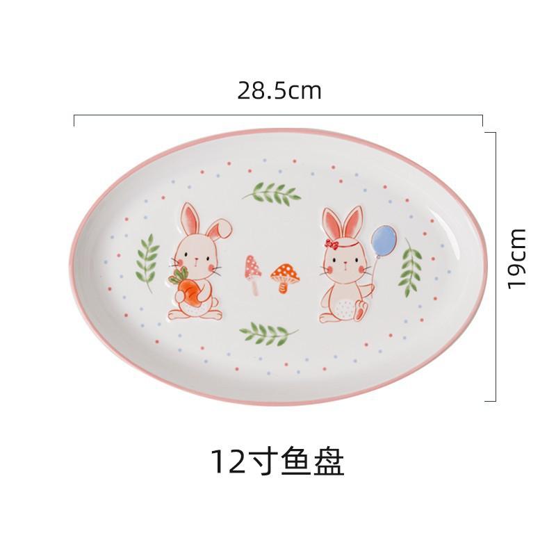 Cartoon Rabbit Relief Ceramic Tableware,Fish Plate Rice Bowl Kitchen Cutlery Set Gift,High Appearance Easter Coffee Cup Dish Set