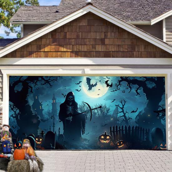 7 X 16ft Halloween Garage Door Cover Large Skeleton Graveyard Hanging Backdrop Door Banner for Halloween Yard Front Porch Wall Decoration