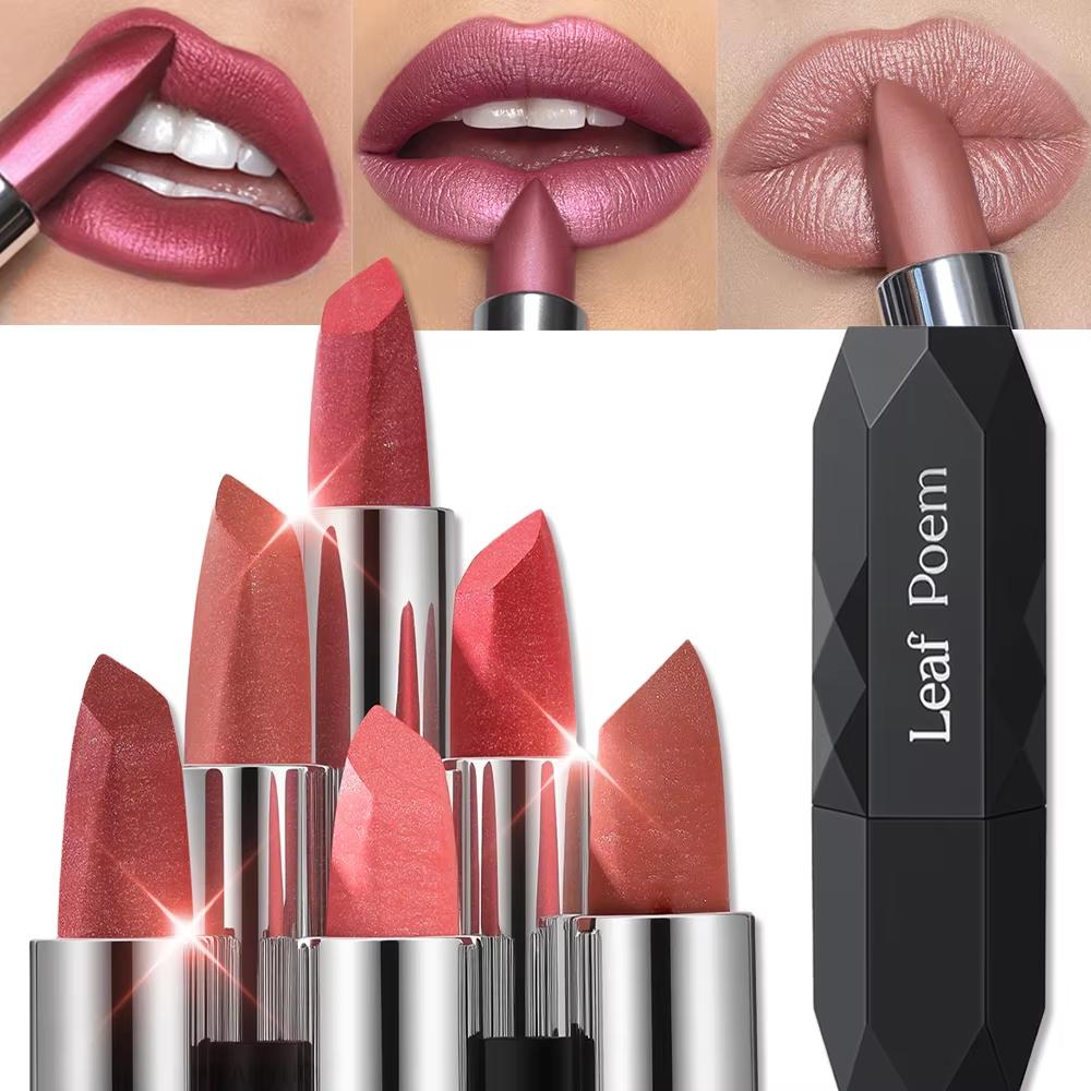 Pearlescent Lipstick Long Lasting Waterproof Pink Rosey Metallic Diamond Lip Stick Create Silky Charming Plump Bold Lip Makeup