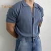 Summer Men Shirt Knitted Short Sleeves Turn-down Collar Single-breasted Stretchy Solid Color Cardigan Loose Daily Wear Casual Top