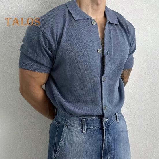 Summer Men Shirt Knitted Short Sleeves Turn-down Collar Single-breasted Stretchy Solid Color Cardigan Loose Daily Wear Casual Top