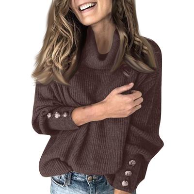 Damen Rollkragenoberteil, lockerer Pullover mit Knopfleiste, langärmelig, einfarbig, Strick-Unterhemd