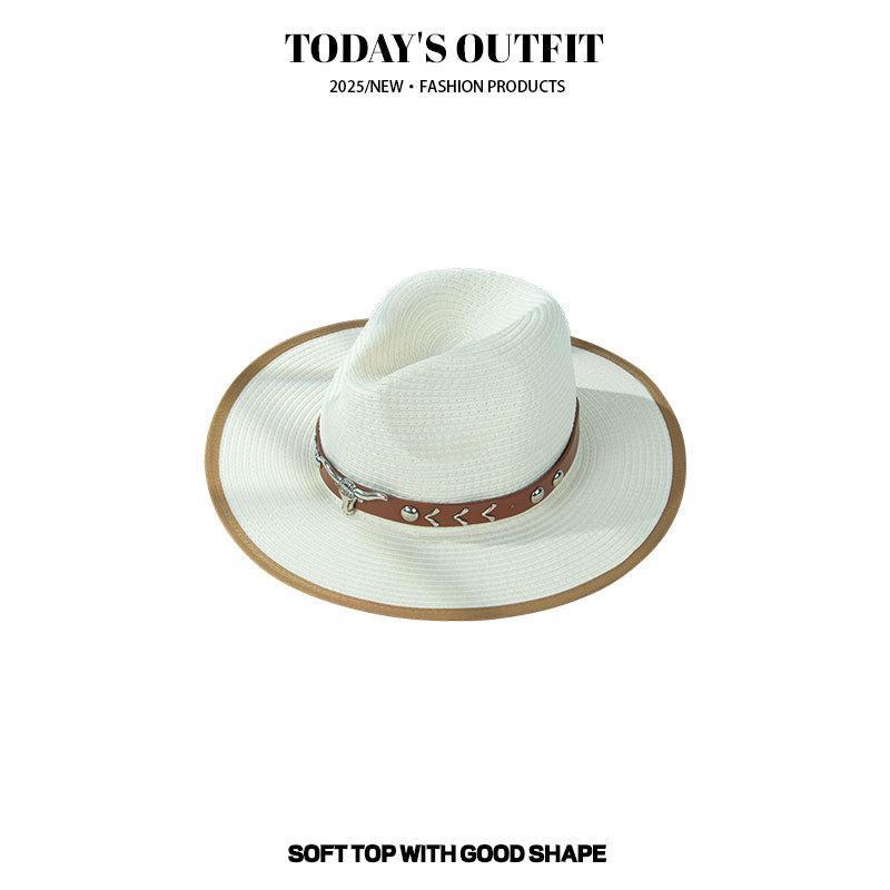 

Британский стиль Бычья голова Соломенная плетеная ковбойская шляпа в западном стиле Защита от солнца Соломенная шляпа Дорожная Верховая езда Солнцезащитная шляпа Широкополая шляпа-цилиндр One size