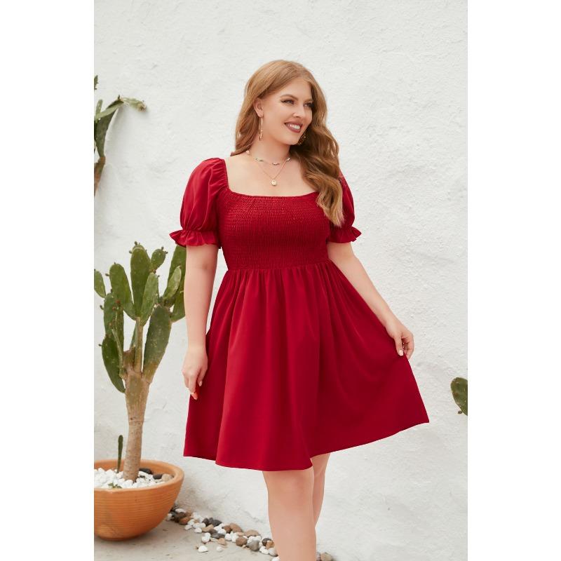 Plus Size Women's Plus Size Solid Color Casual Vacation Travel Square Neck Bubble Sleeve Dresses