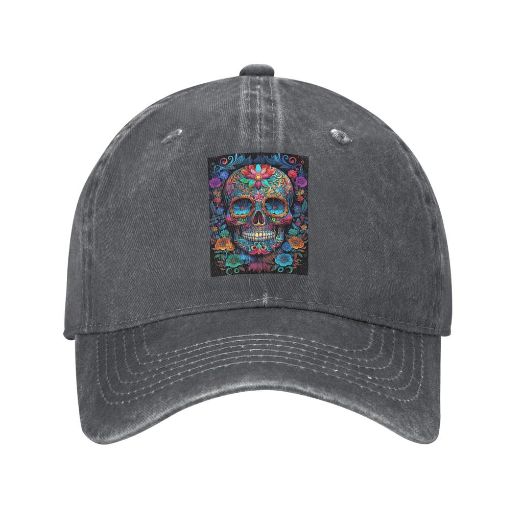Mexican Skull Calavera Illustration Washed Denim Cap Casual Baseball Caps Adjustable Hat Summer Unisex Baseball Hats