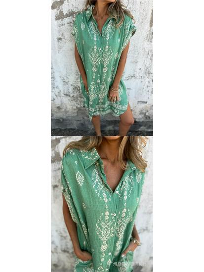 European & American Summer Casual Short-Sleeved Cotton Linen Shirt Dress with Pocket Print for Women