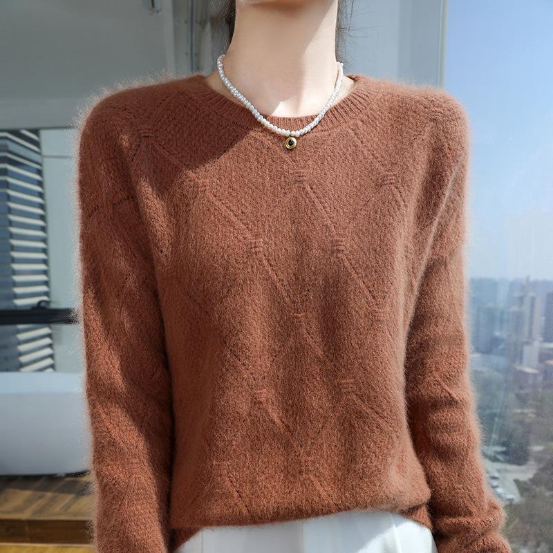 2025 Autumn/Winter Women's Loose Mink Cashmere Pullover - Round Neck, Solid Color, Diamond Knit