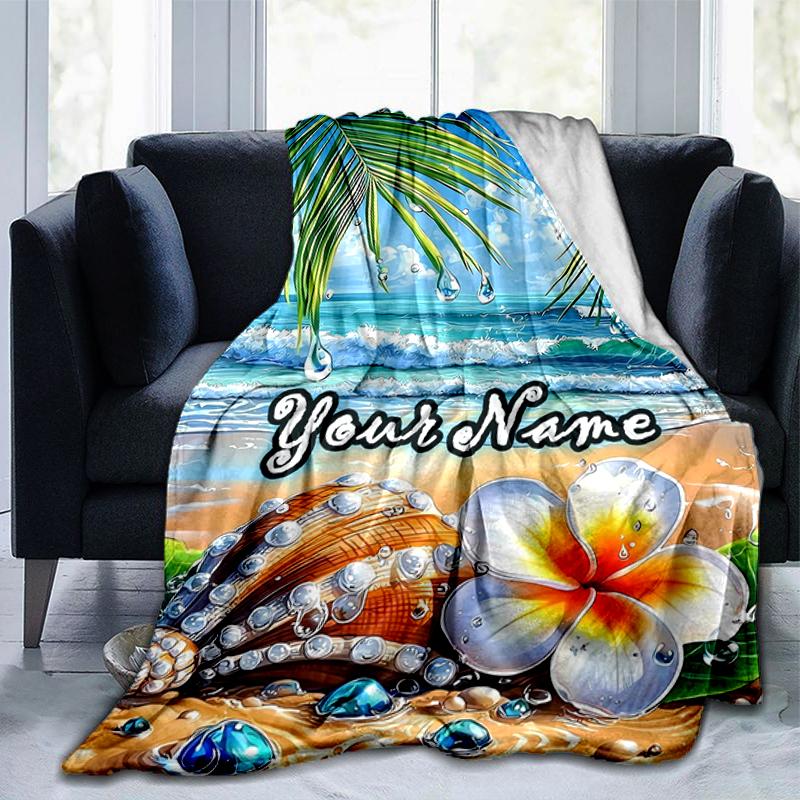 1PC Custom Name Beach Shell Plumeria Dream flannel blanket versatile,all-season throw suitable for the living room,bedroom,camping,travel,and gift