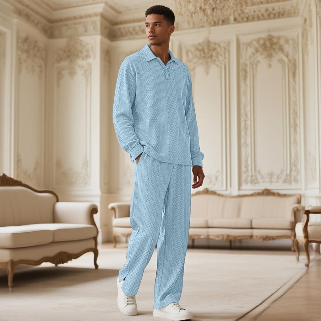 Solid-Color Textured Casual Collared Pullover Long-Sleeve Top And Pants Sports Set
