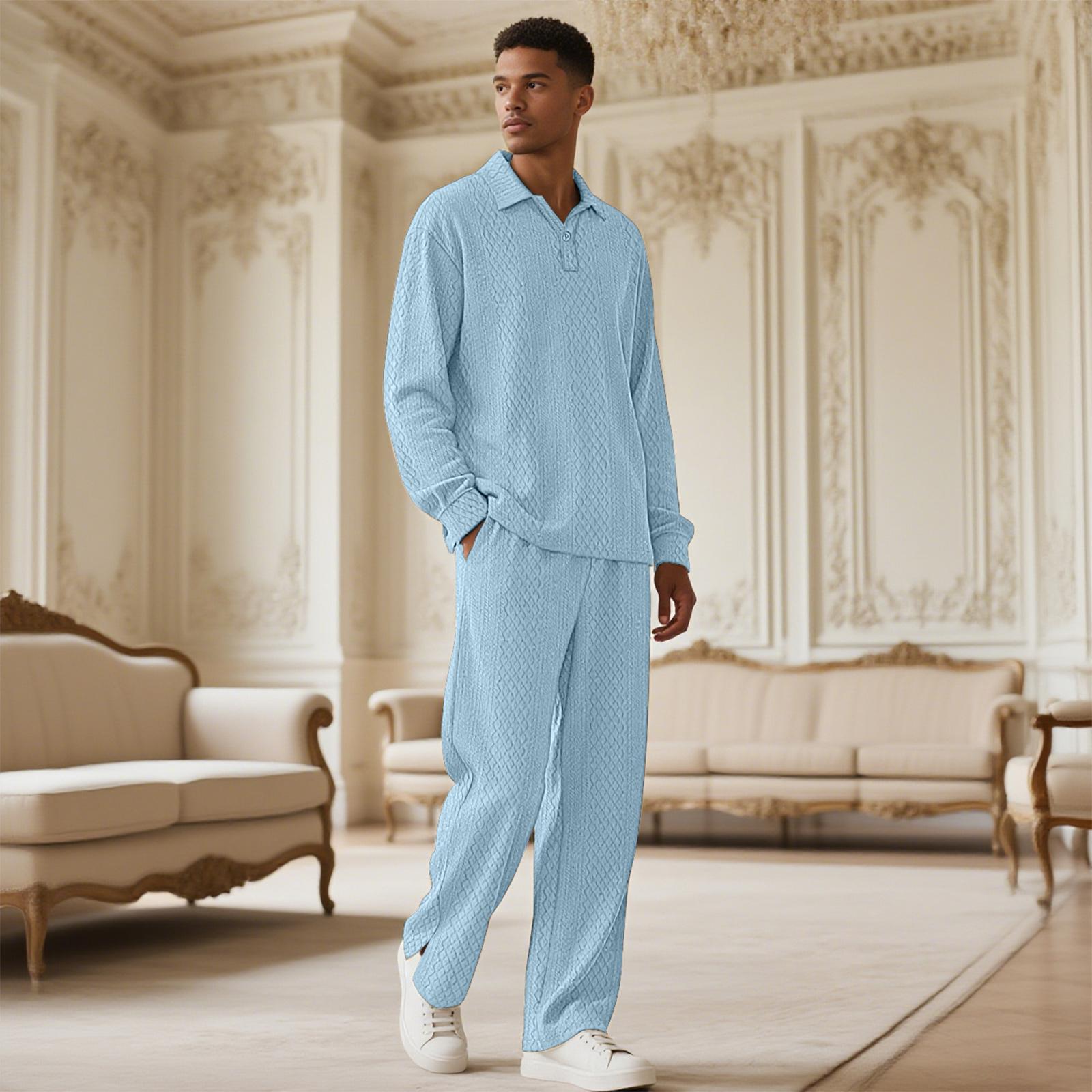 

Однотонный текстурированный повседневный пуловер с воротником, топ с длинными рукавами и брюки, спортивный комплект XL светло-синий