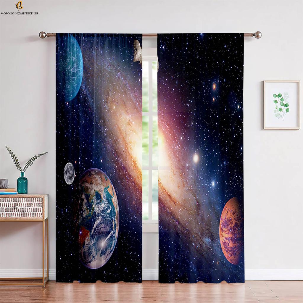 Wunderschöner Sternenhimmel Planet 3D-gedruckter Vorhang Stangentasche Fenstervorhang Geeignet für Schlafzimmer Wohnzimmer Arbeitszimmer Dekorativ