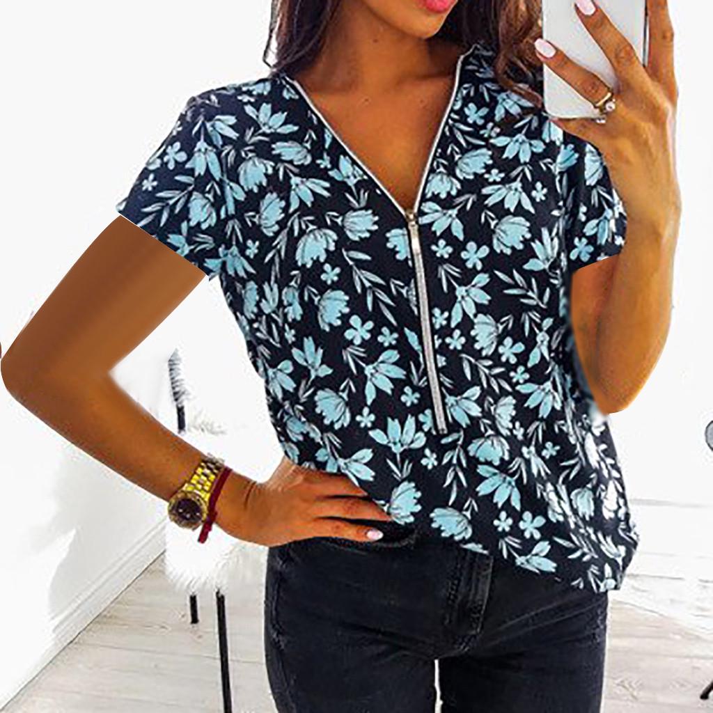 Women Ladies Plus Size Print Zipper Short Sleeve V-neck Pullover Tops Shirt