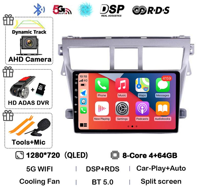 Android 14 Carplay Auto Car Radio For Toyota Vios Yaris 2007 2008 2009 2010 2011 2012 Multimedia Video Player 4G WIFI GPS Stereo