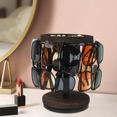 Sunglass Organizer 360 Degree Rotating Glasses Stand with Tray and Base Wooden Eyeglass Display Rack for Bedroom Desk Bedside