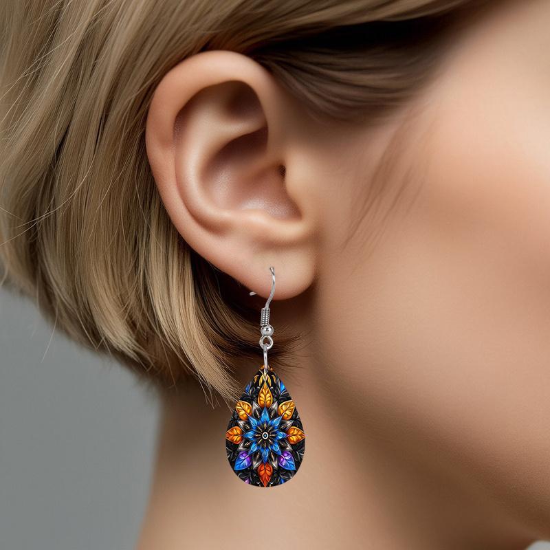 Bohemian Style Blue Mandala PU Earrings, Fashion Earrings, Y2K Style Exquisite Earrings, Holiday Gifts for Friends