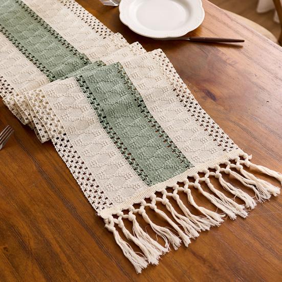 Yousheng Table Runner Color Block Long Strip Design Tassel Element Table Flag Easy To Clean Dining Table Decor Accessory