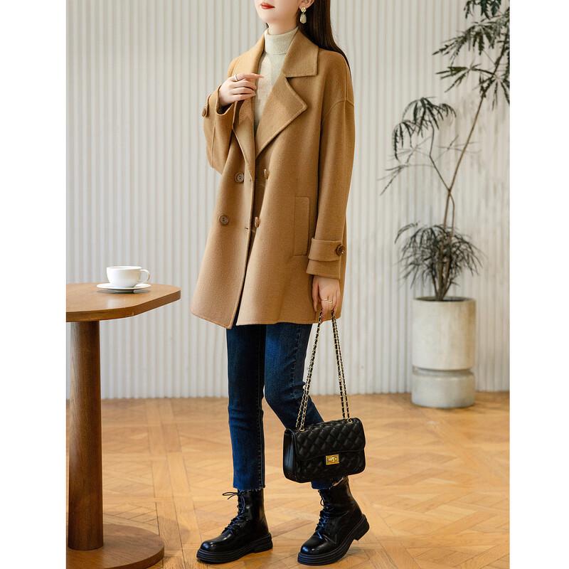 Women's Winter Double-Breasted Merino Wool Blend Mid-Length Coat
