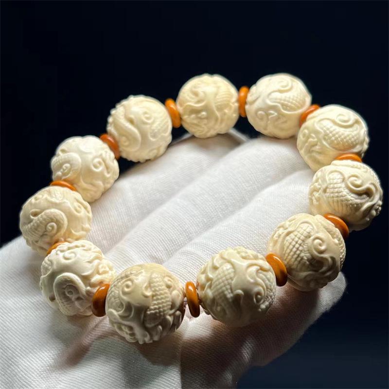 Ivory Dragon Ball Hand-Carved Bracelet - Ethnic Style Men's Single-Loop Beads