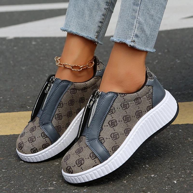 Embroidered Flowers Platform Sneakers Women Front Zipper Thick Sole Vulcanized Shoes Woman Brand Design Fashion Chunky Sneakers