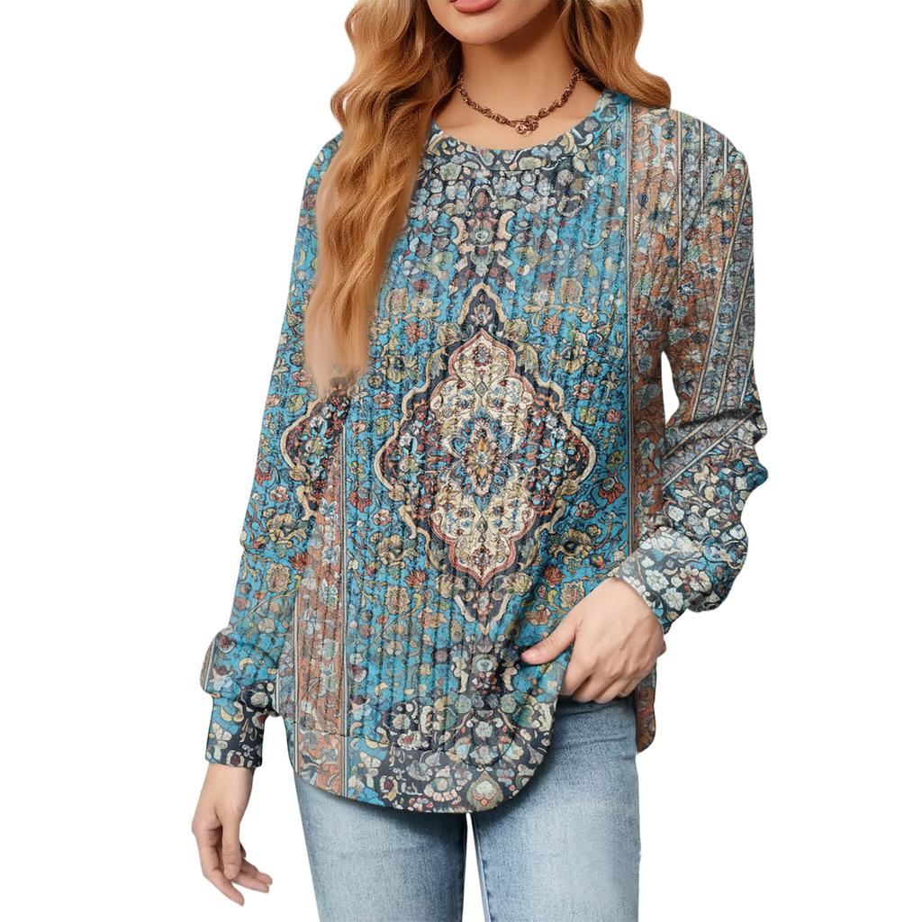 Fashionable Women's Long Sleeved Retro Printed Lightweight Sweater With Loose Round Neck Top