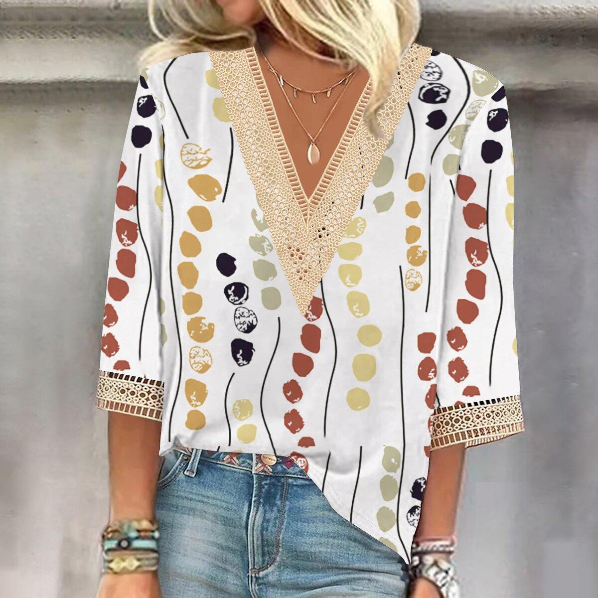 

Осень 2023, новая мода, женский повседневный топ с v-образным вырезом и рукавом 3/4 с принтом, большие размеры