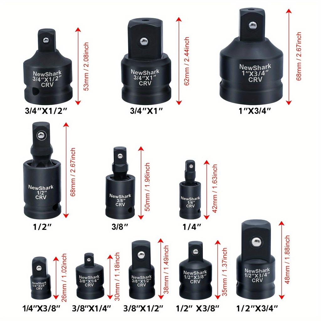 11pcs Impact Adapter and Reducer Set and Universal Joint Swivel Socket Adapter Set,1/4"3/8"1/2"3/4"1"Drive Socket Adapter Set