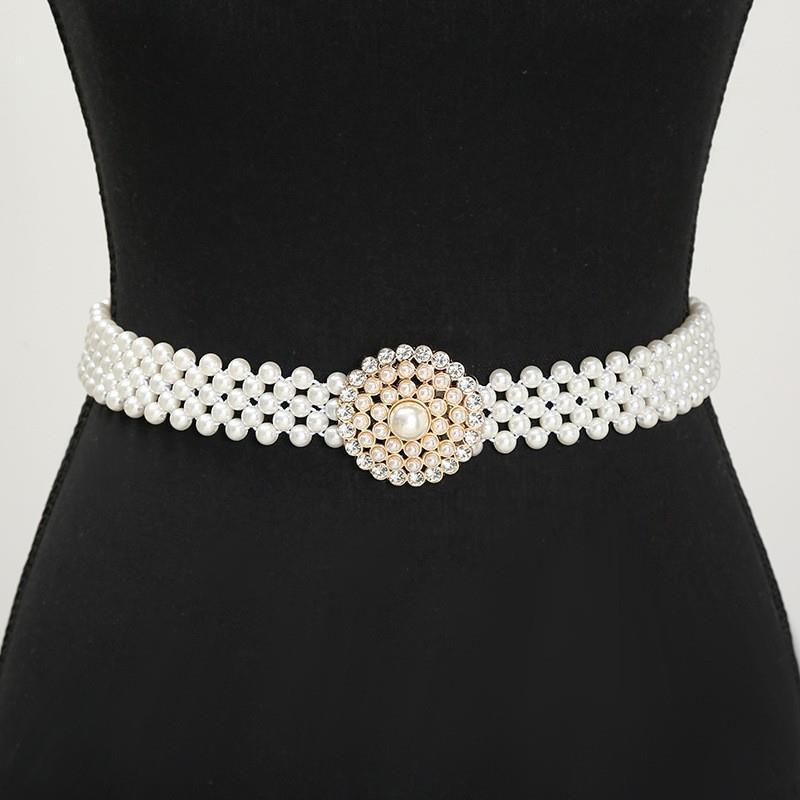 Ladies' Elastic Thin Waistband With Pearl  Waist Chain Simple Korean Style Drawstring Belt Women Apparel Accessories