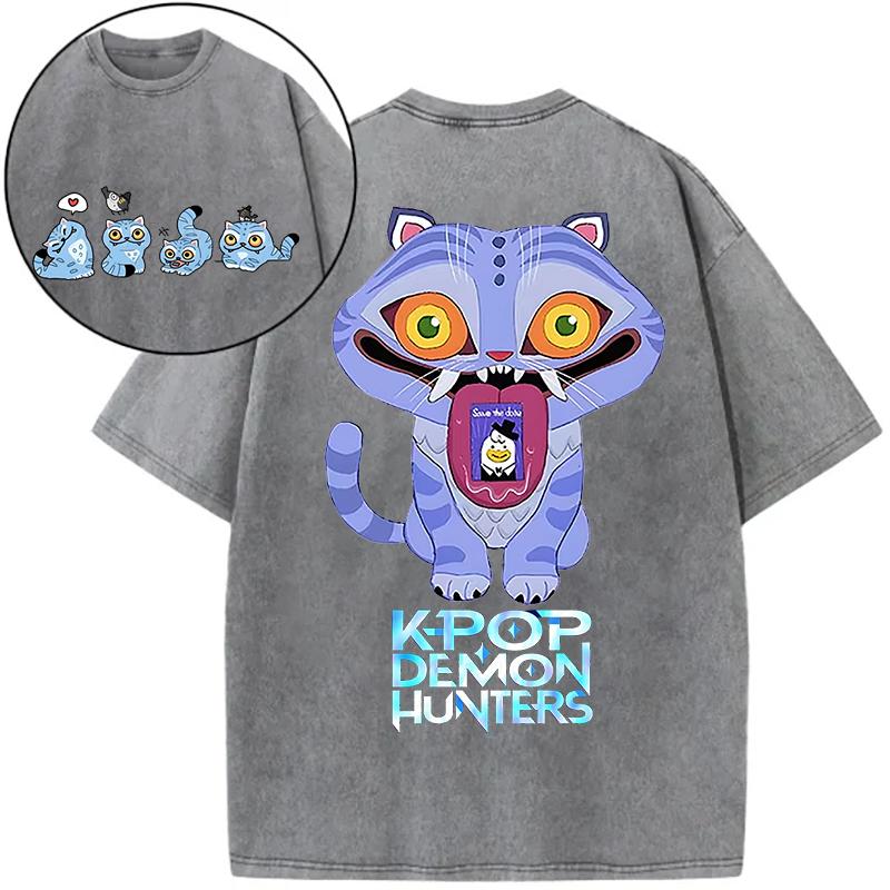 Women Derpy Tiger Hot Movie Print Shirts for Women Cartoon Anime Washed Cotton Tee K-Pop Demon Hunters Tiger T-shirt Tops