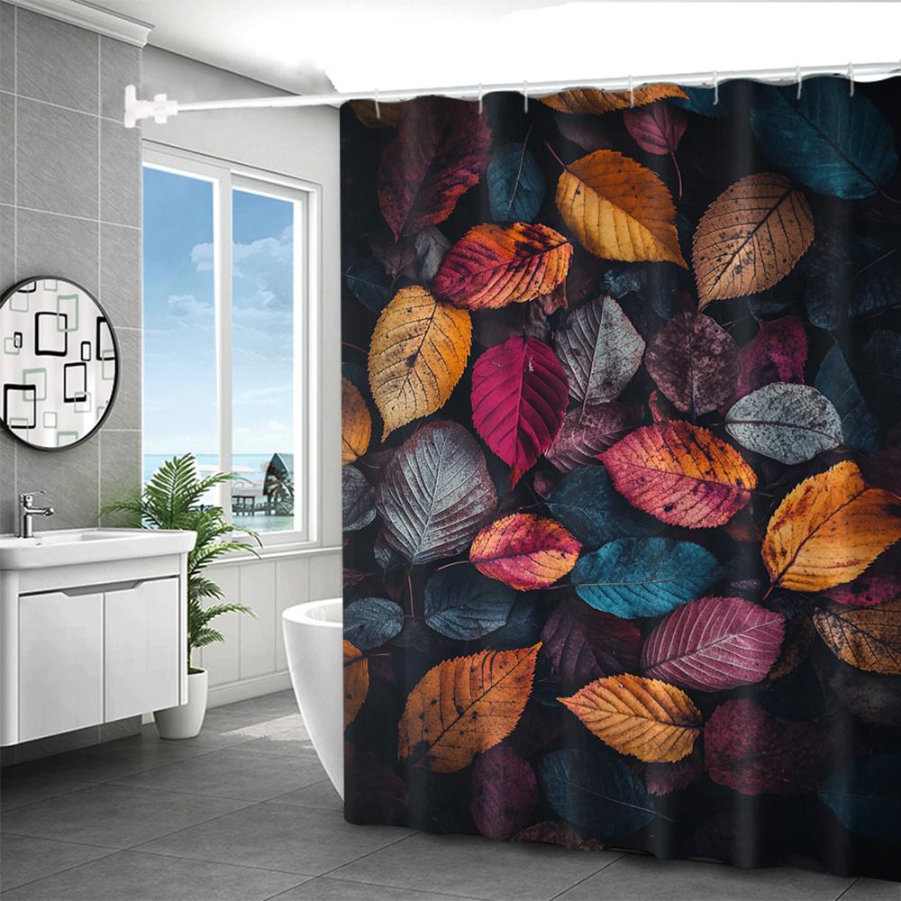 Autumn Leaves Digital Print Polyester Waterproof Bath Drapery with Hooks, Water-Resistant with Animal Motifs for All Seasons