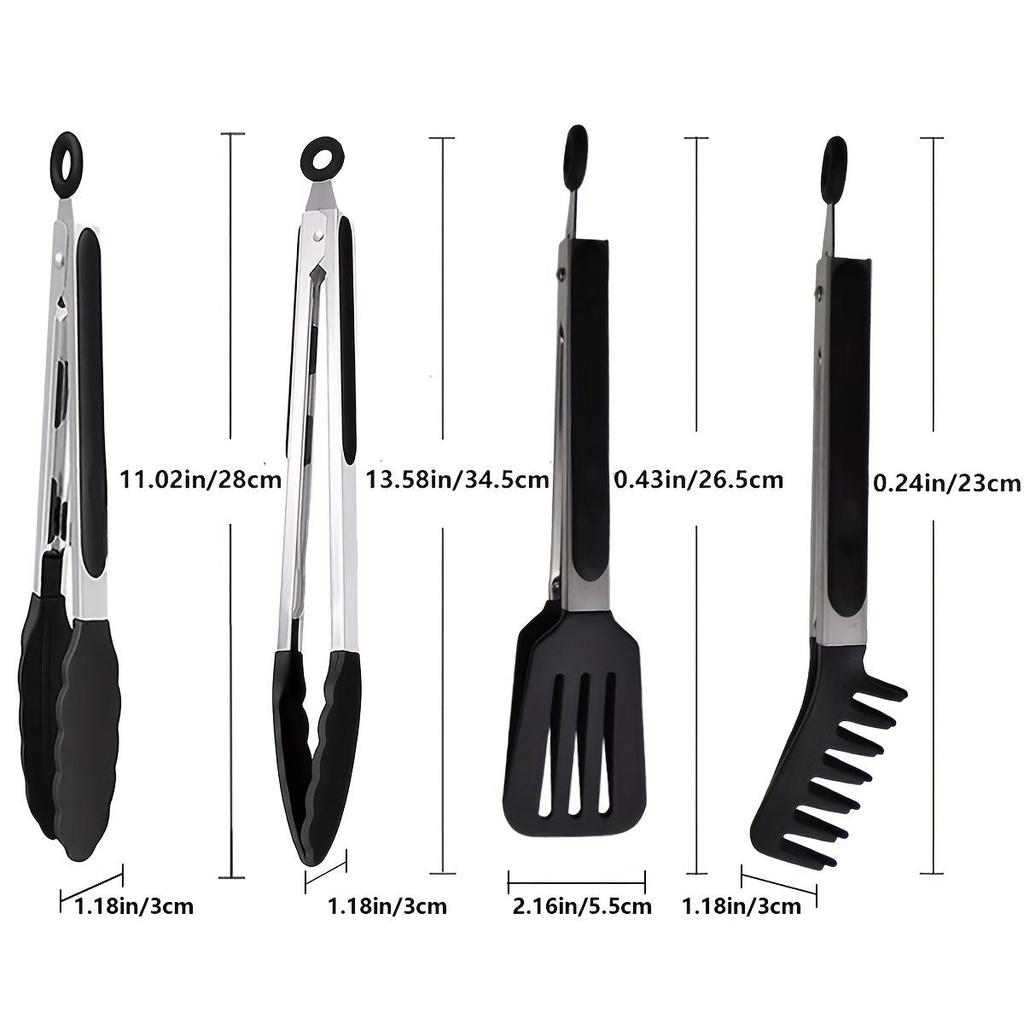 4ks Multifunkční nerezové a silikonové servírovací kleště na grilování, ovoce, chléb, steak a dezert - Protiskluzové a odolné kuchyňské náčiní
