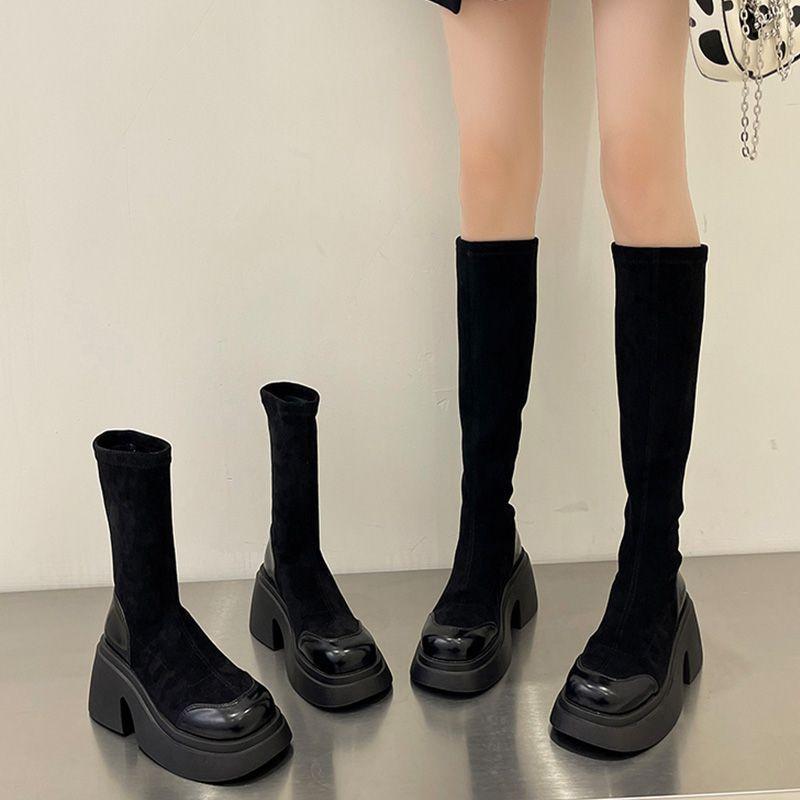 Height-increasing thick-soled Martin boots for women's spring and autumn new fashionable versatile ins set of boots, thin boots, elastic boots