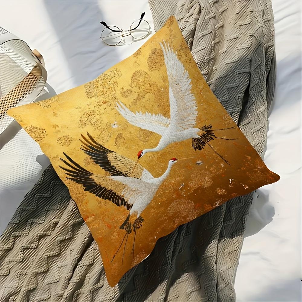 2D Flat- Vintage Gold Tone Red Crowned Crane Linen Throw Pillow Cover Decorative Square Cushion Case For Home Sofa Bedroom