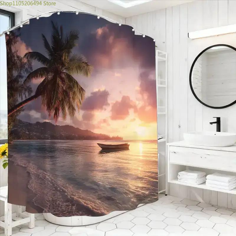 1pc Bathroom Shower Curtain, Sailboat Sunset Cruise, Tropical Theme Shower Curtain, Includes 12 Hooks, 180*180cm Bathroom Curt