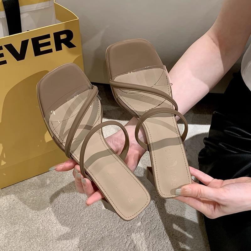 

High-heeled slippers for women s summer outer wear, new with skirt transparent word with thick-heeled sandals 35 хаки