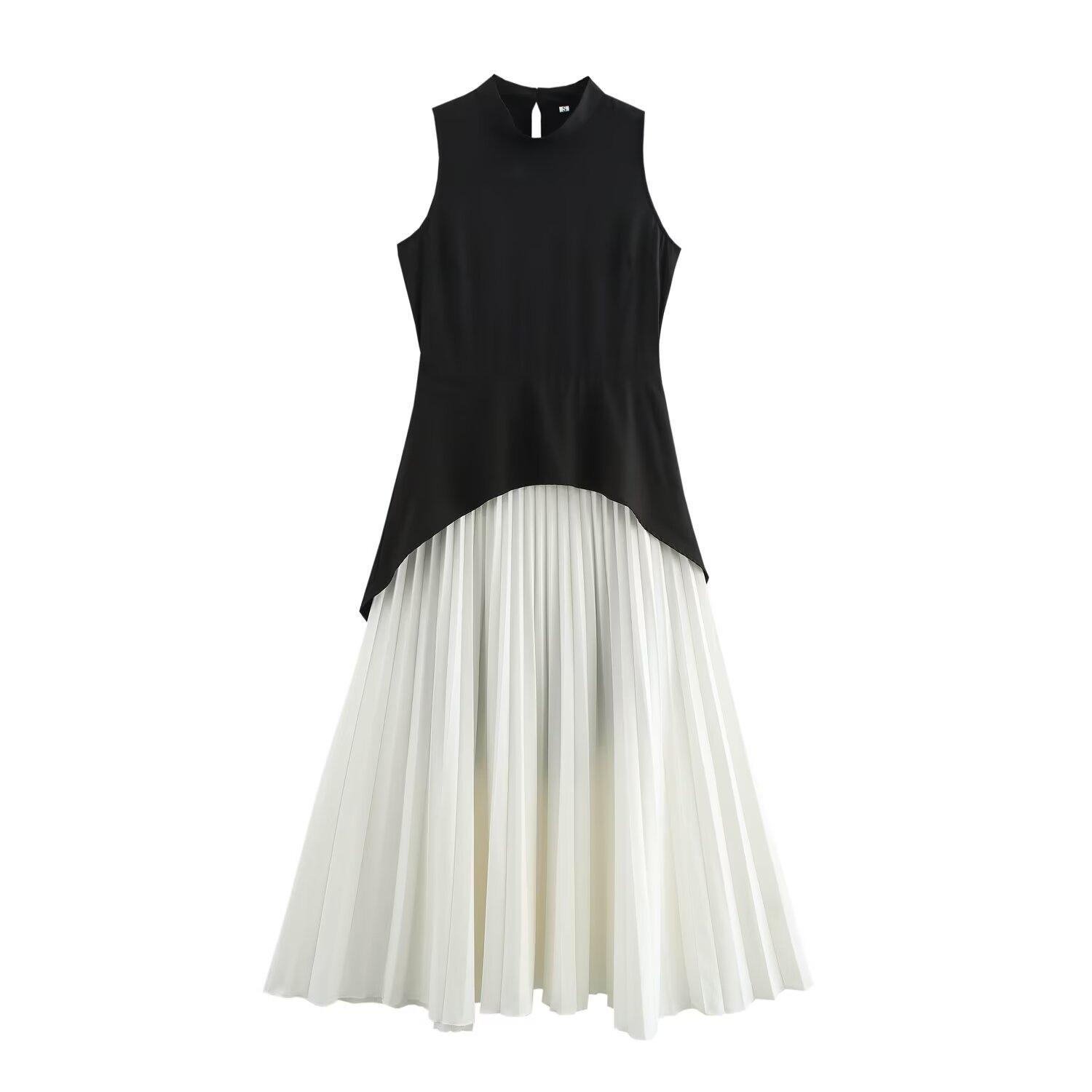 

Женское зимнее платье 2024 года в европейском и американском стиле, длинное плиссированное платье без рукавов с цветными блоками XS