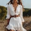 Women's Ruffle V Neck Crop Blouse Long Sleeve Tie Front Casual Summer Top