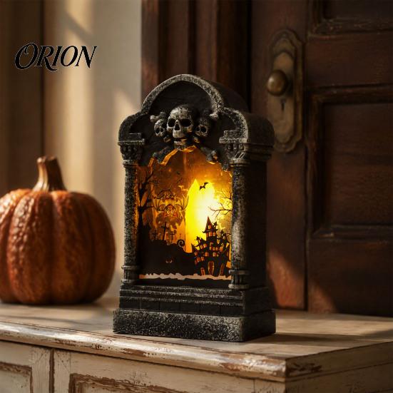 Gothic Home Ornament Tombstone Candle Lantern, LED Lighted Spooky Graveyard Table Lamp, Halloween Bar Cafe Desktop Small Night Light for Haunted House