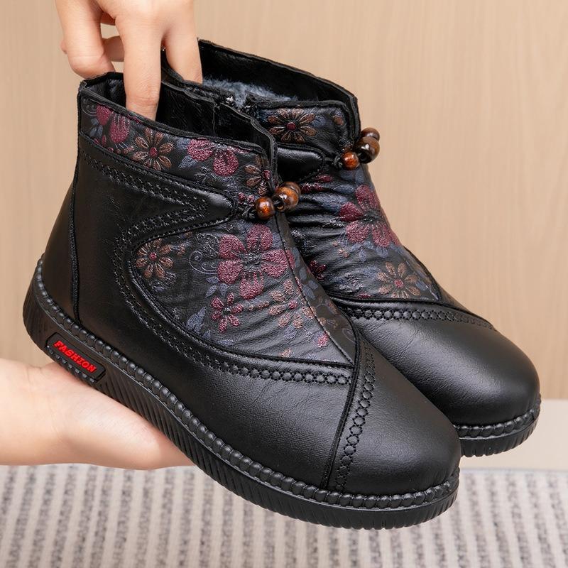 Winter new zipper embroidered cotton shoes soft sole non-slip mother shoes warm old Beijing cloth shoes women