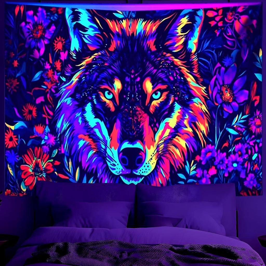 BVBOX Blacklight Animal Wolf Tapestry Iridescent Mountain Top Wolf Tapestry Glow In The Dark, UV Reactive Black Light U