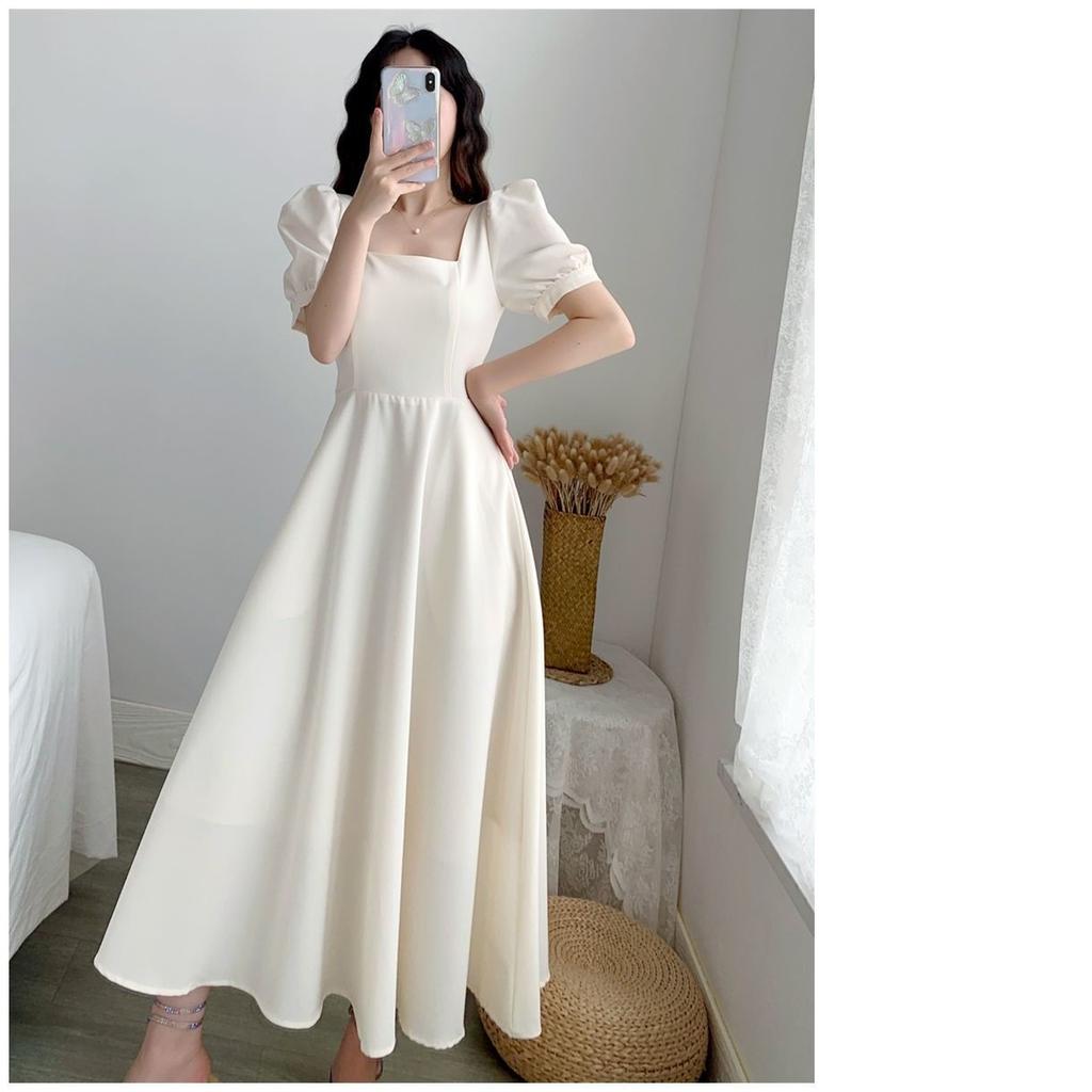 Hepburn Light Mature Style Dress Female Puff Sleeve White Skirt Square Collar Waist Large Size Temperament Over The Knee Long Skirt Summer