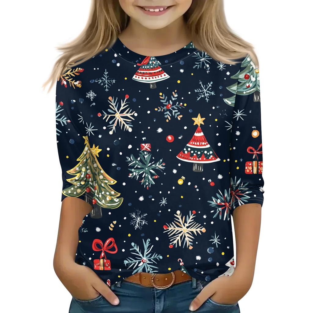 חולצות מודפסות ליום חג המולד לבנות צעירות בגילאי 5-16 צווארון עגול שרוולי 3/4 חולצות טי טופים אופנתיים חולצות להרכבת אאוטפיט