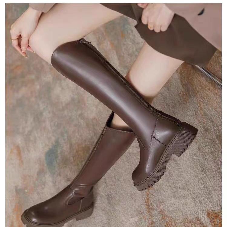 Small Man Long Barrel But Knee Height Boots Women's Knight Boots Black V-mouth High Boots Martin Boots Women