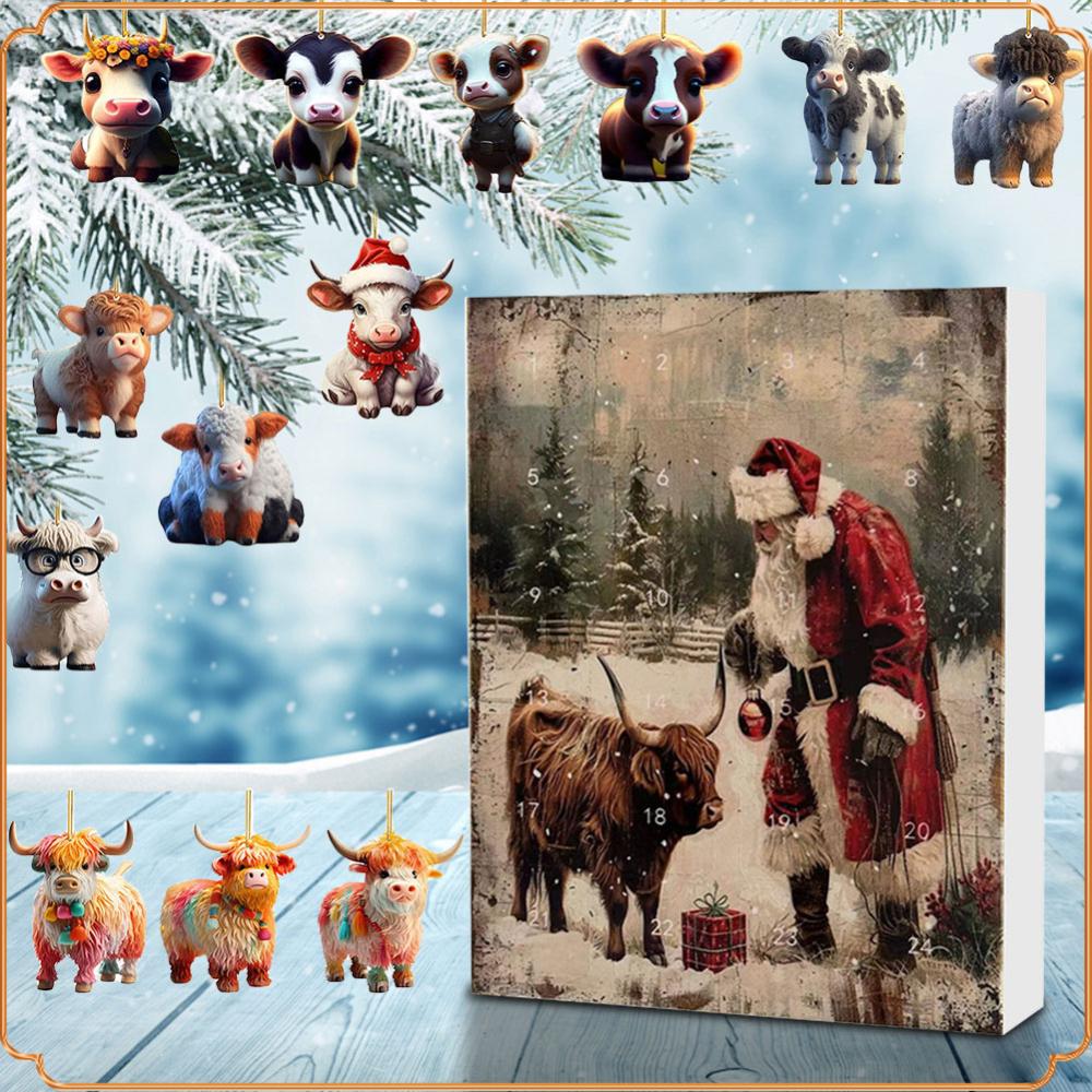 Advent Calendar 2025 Acrylic Cartoon Highland Cow Hanging Decorations Christmas Advent Calendar for Tree Home Car Backpack Decor