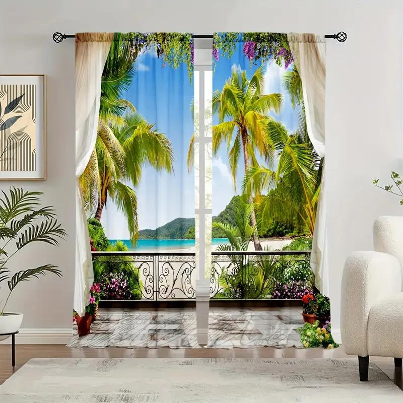 2pcs Tropical Beach Balcony Printed Curtains, Designed for Light Filtering, Quality Material, Ideal for Summer Holiday Home Win