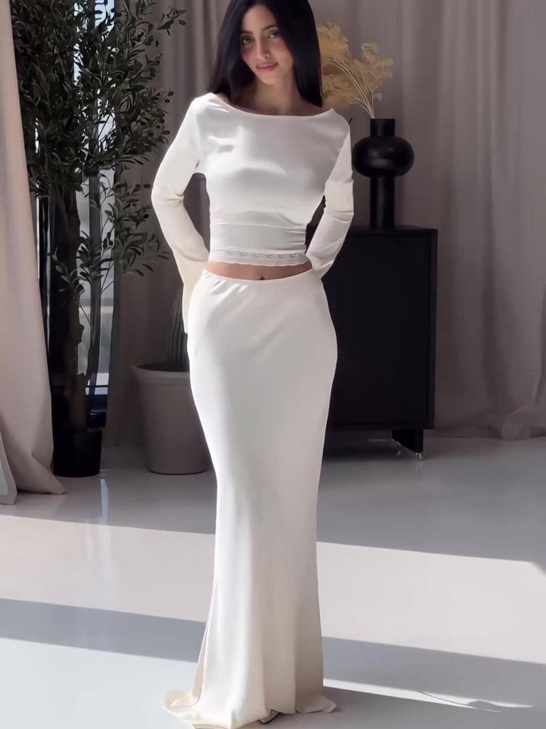 2024 Autumn European & American Solid Color Round Neck Crop Top Sexy Bodycon Two-Piece Set