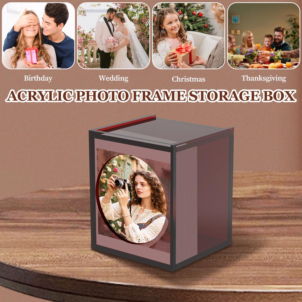 Photo Storage Box Amber Acrylic Sunproof Picture Holder with Magnetic Suction Sliding Cover Dust Photo Display Organizer Box