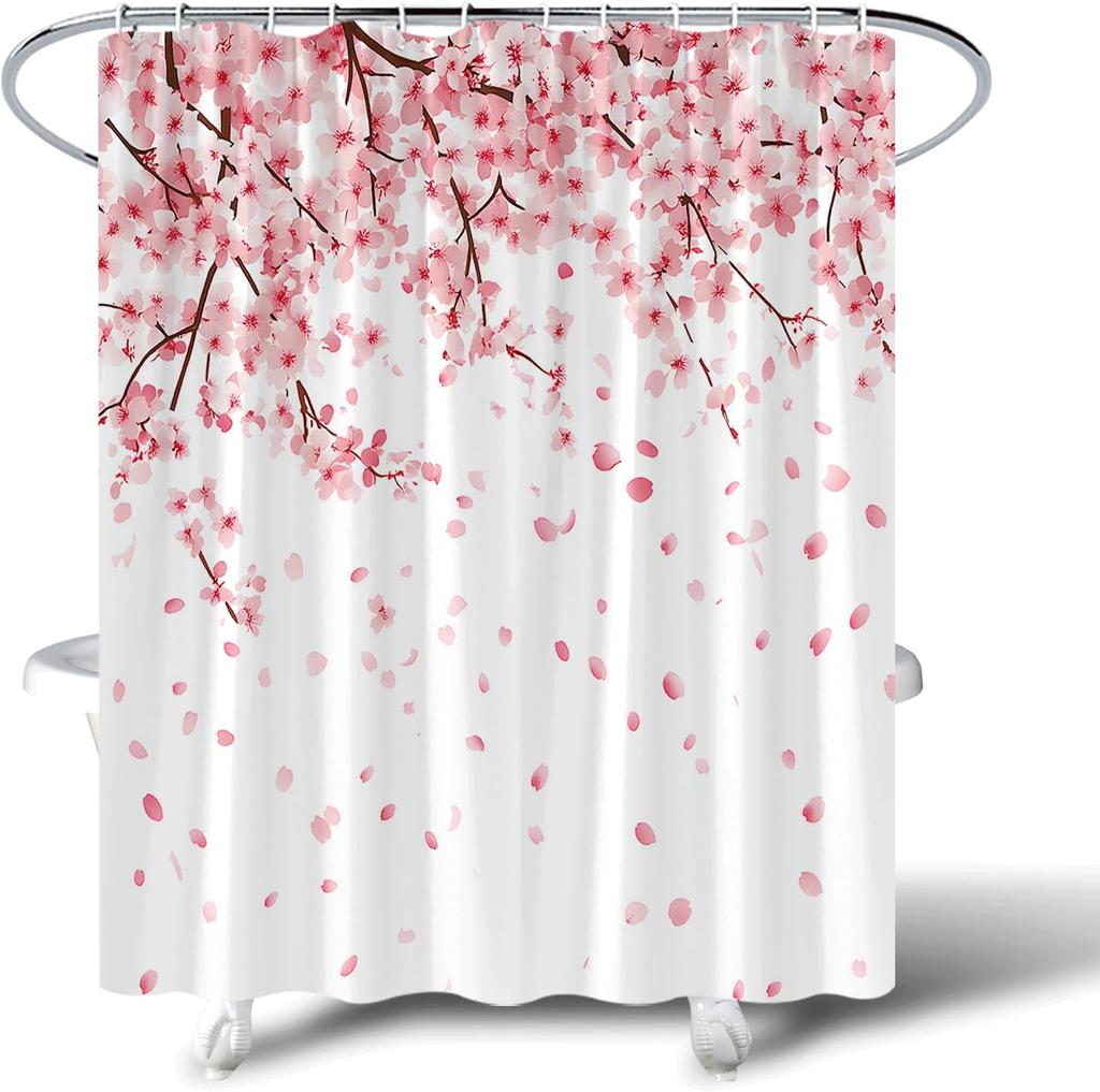 Japanese Cherry Blossom Shower Curtain Pink Floral Plum Blossom Flower Twig Weeping Falling Petals Romantic Spring Asian Garden