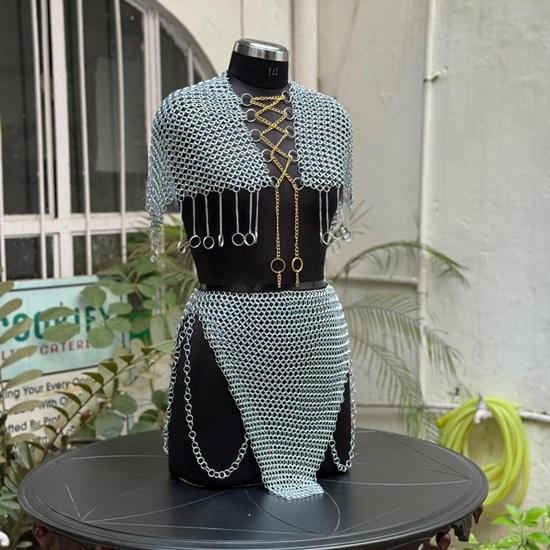 Edgy Chainmail Body Armor Set Silver Statement Top  Skirt for Festival, Cosplay And Layered Fashion