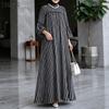 ZANZEA Women Casual Stand Collar Loose Nine Quarter Sleeve Retro Stripe Long Dress