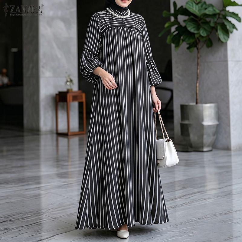 ZANZEA Women Casual Stand Collar Loose Nine Quarter Sleeve Retro Stripe Long Dress